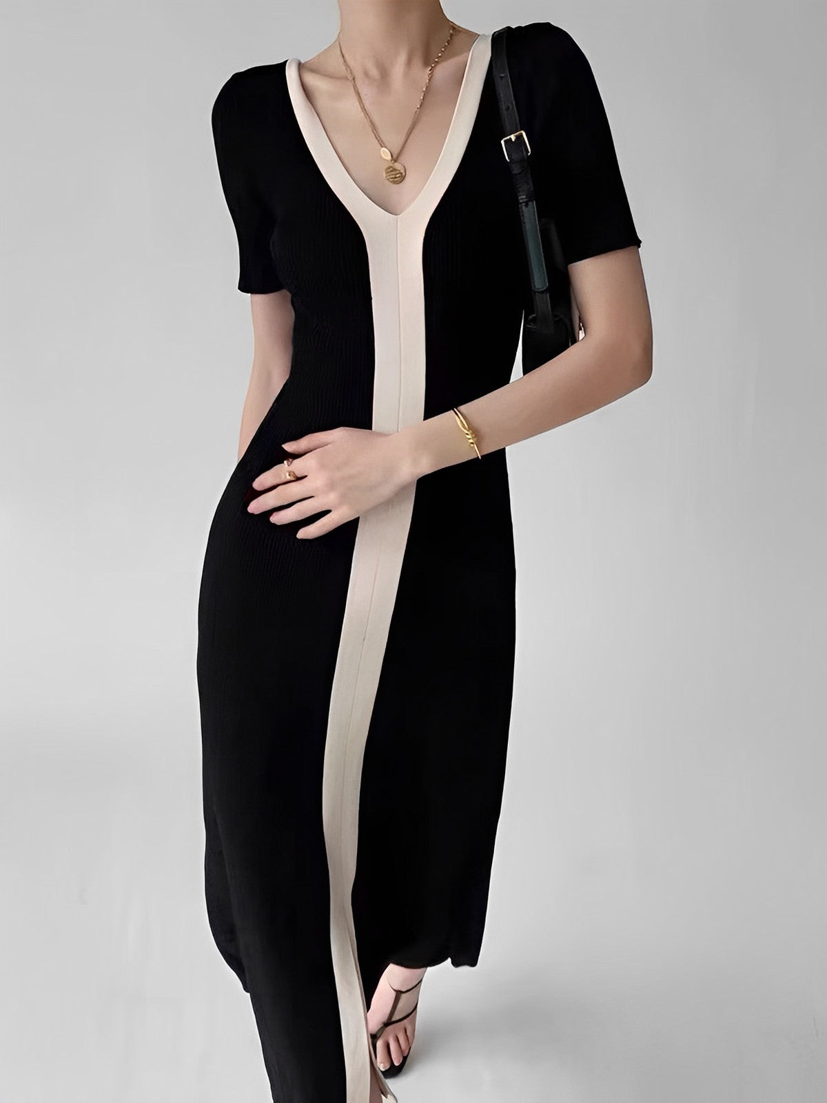 Two Tone V-Neck Knit Slit Midi Dress - Chic Rio