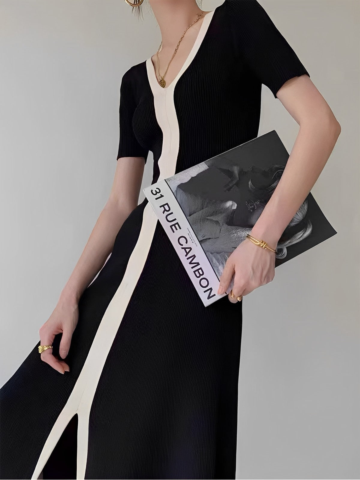Two Tone V-Neck Knit Slit Midi Dress - Chic Rio