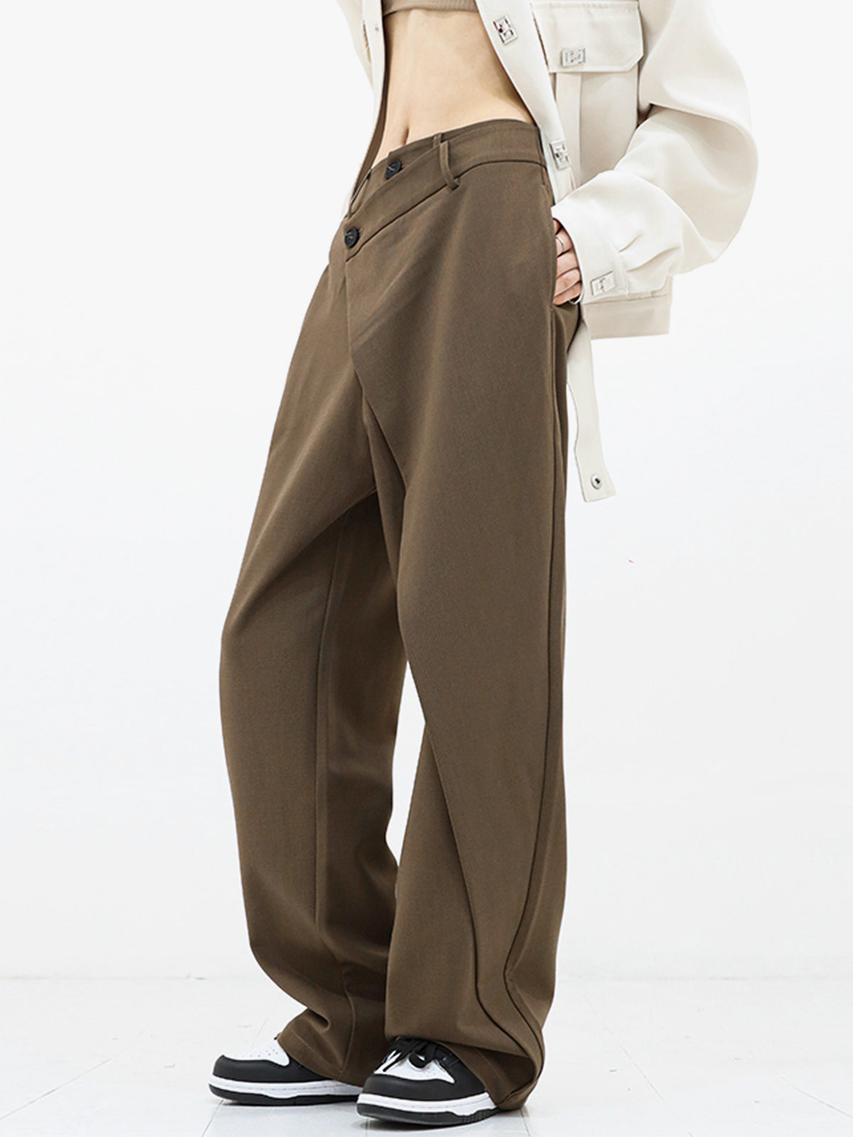 Asymmetrical Layer Button Wide Leg Dress Pants - Chic Rio
