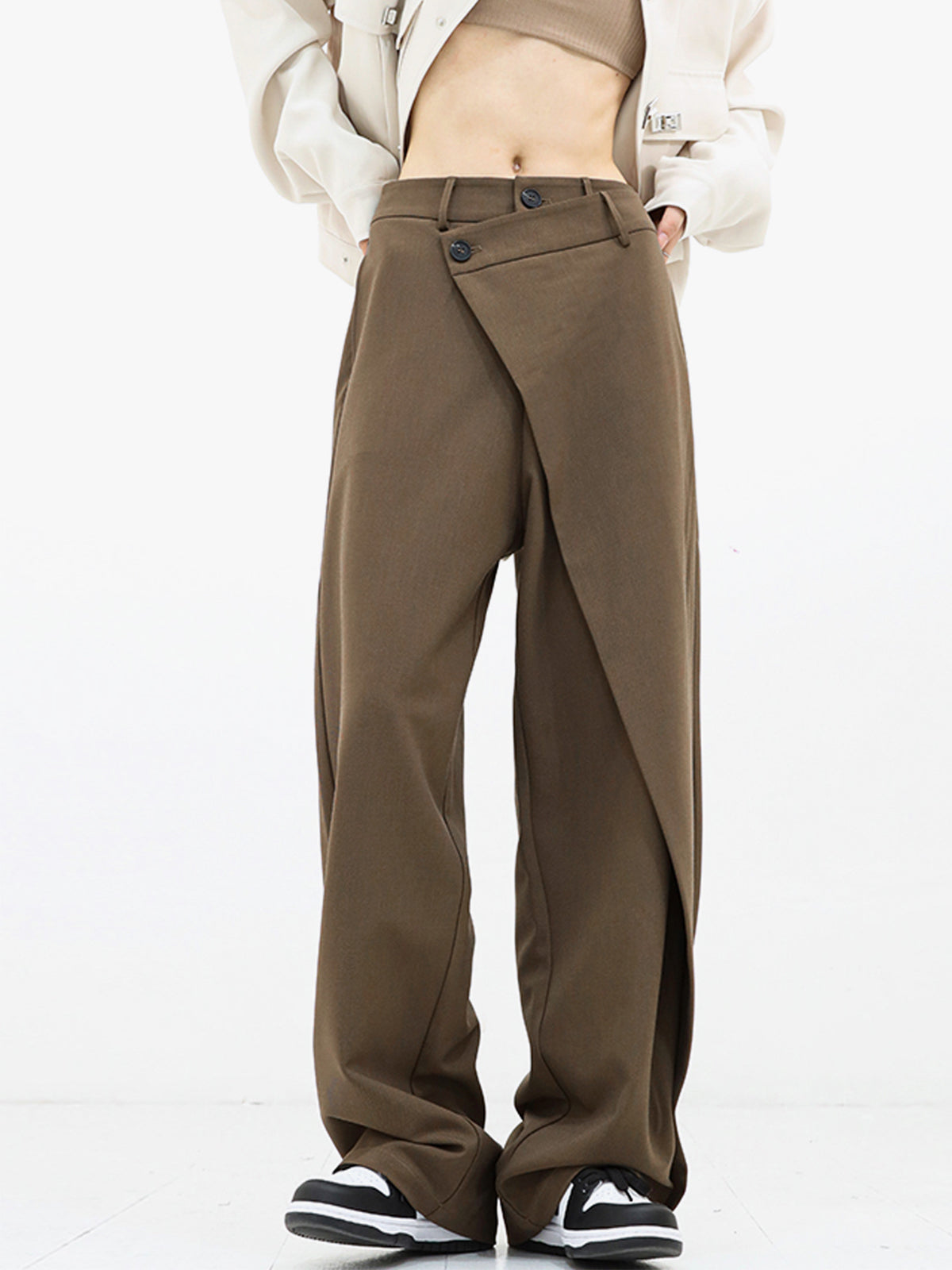 Asymmetrical Layer Button Wide Leg Dress Pants - Chic Rio