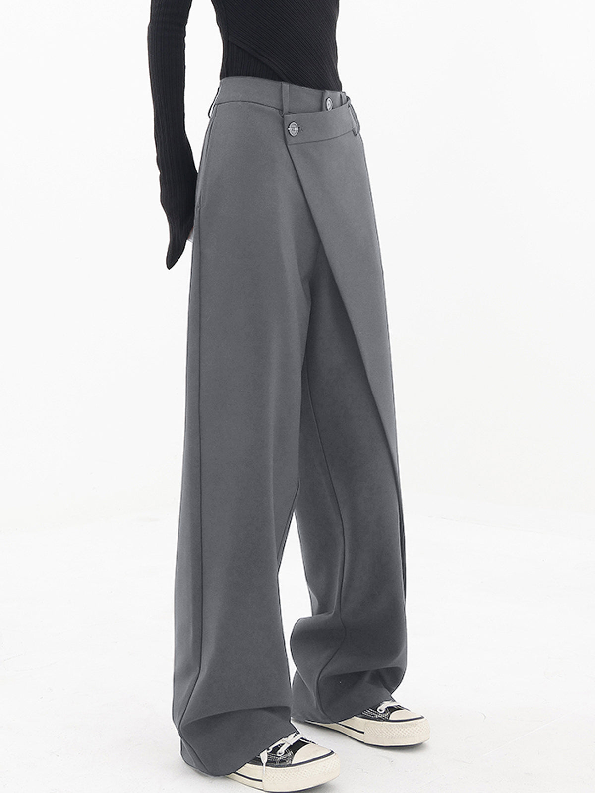 Asymmetrical Layer Button Wide Leg Dress Pants - Chic Rio