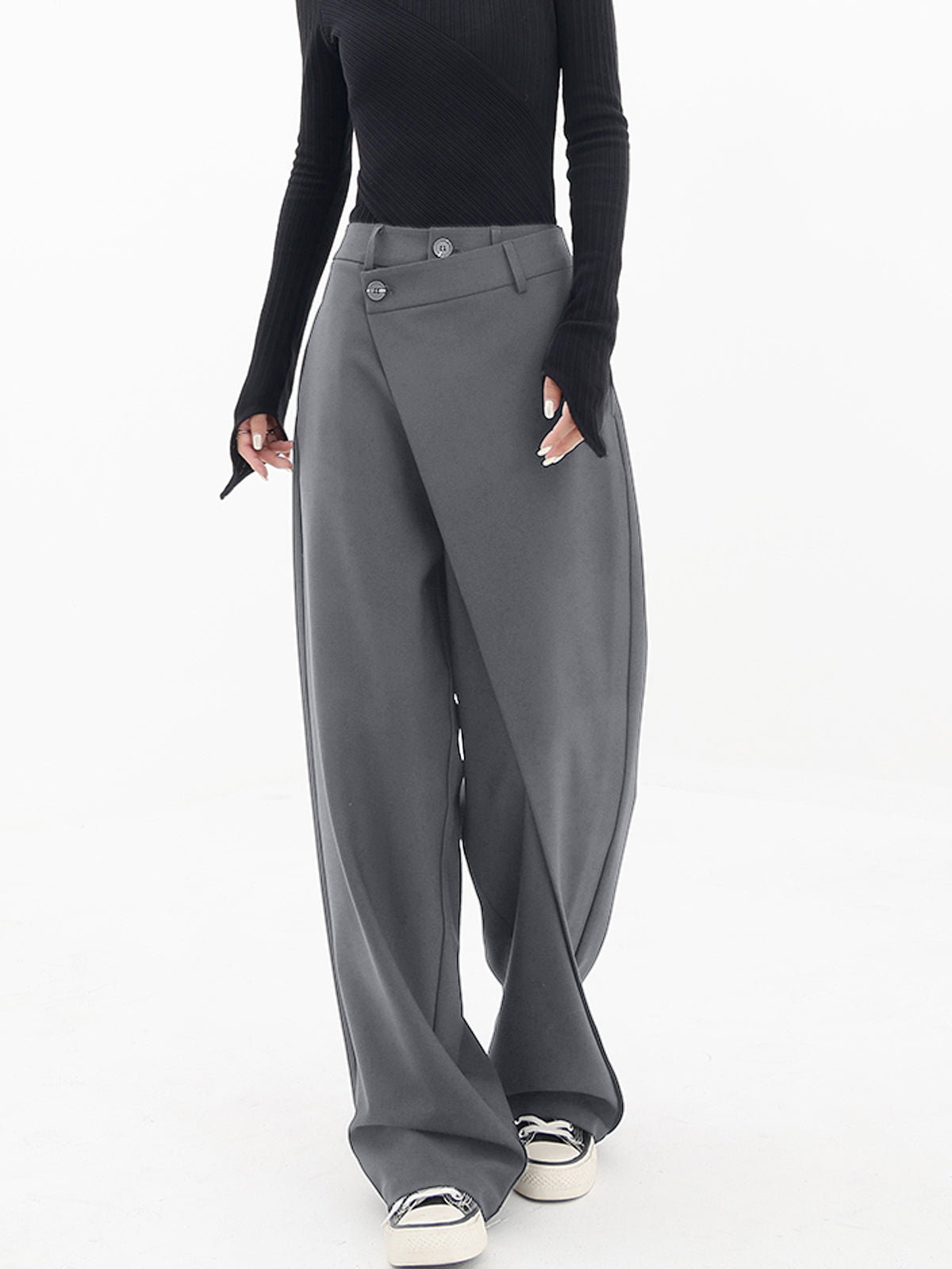 Asymmetrical Layer Button Wide Leg Dress Pants - Chic Rio
