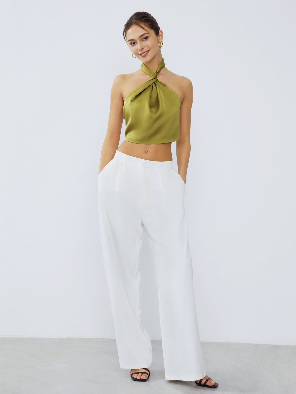 Halter Neck Twist Open Back Satin Crop Top - Chic Rio