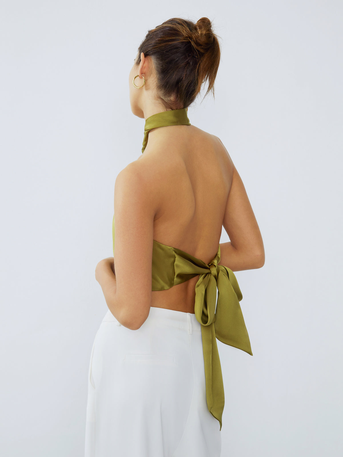 Halter Neck Twist Open Back Satin Crop Top - Chic Rio