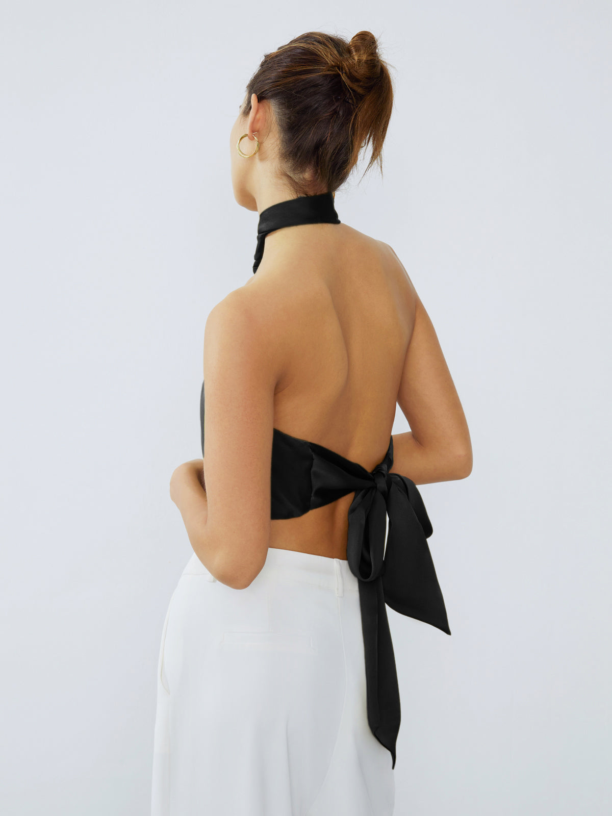 Halter Neck Twist Open Back Satin Crop Top - Chic Rio