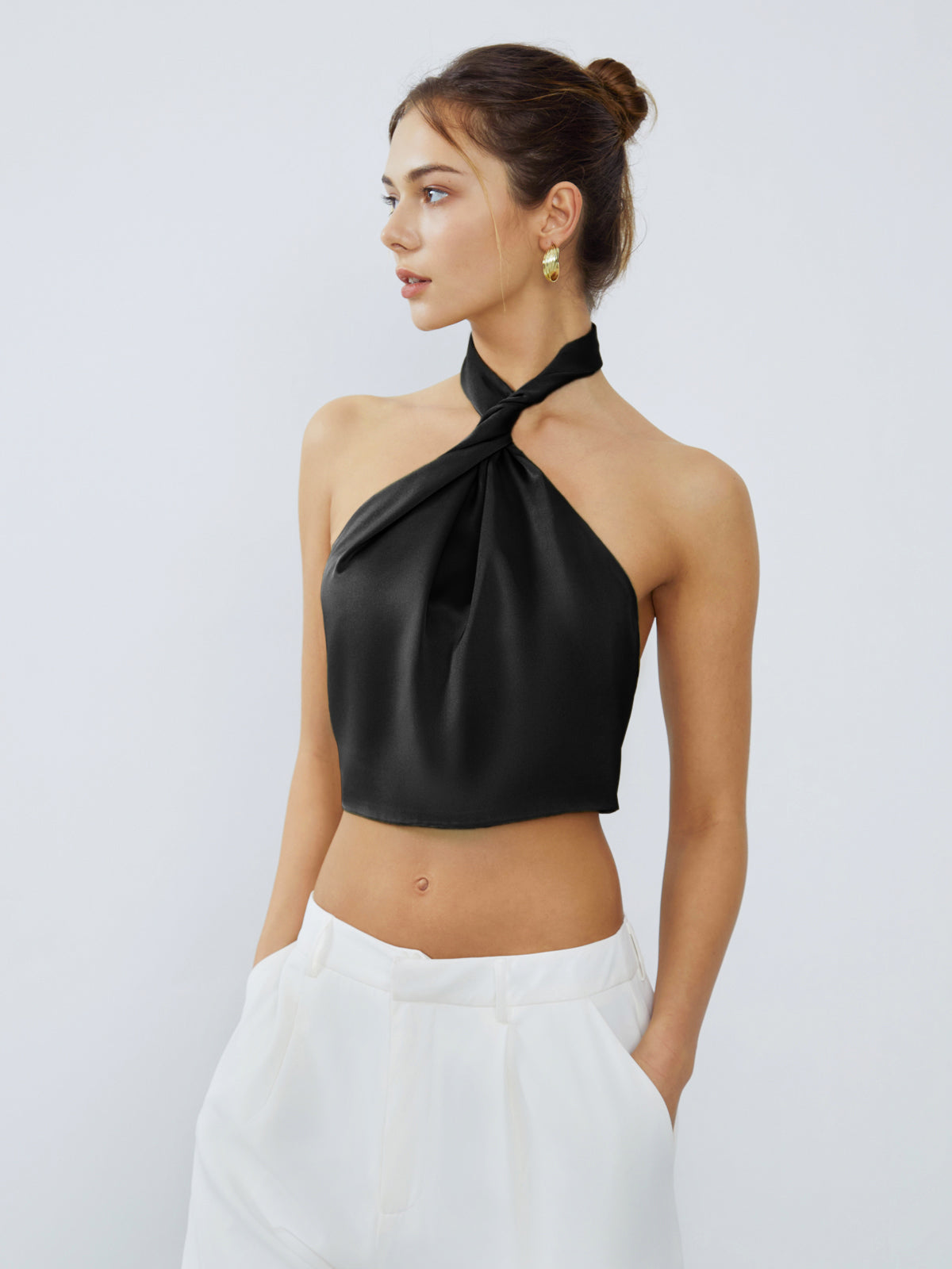 Halter Neck Twist Open Back Satin Crop Top - Chic Rio