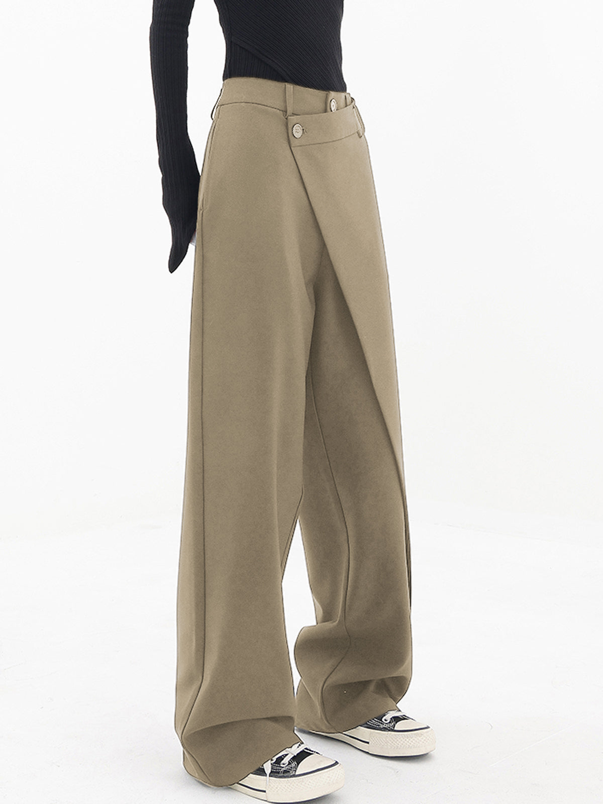 Asymmetrical Layer Button Wide Leg Dress Pants - Chic Rio