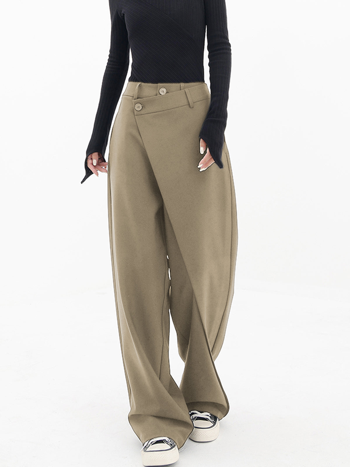 Asymmetrical Layer Button Wide Leg Dress Pants - Chic Rio