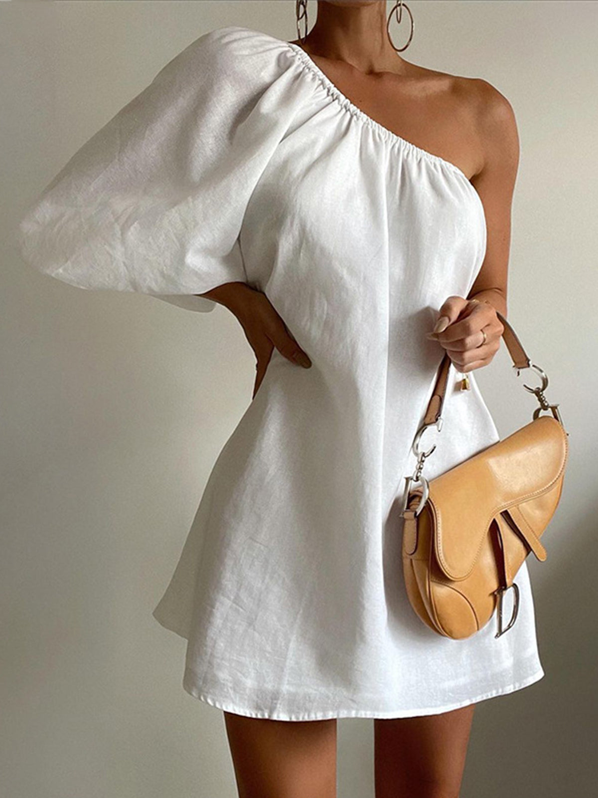 Aegean Cotton Linen One Sleeve Short Dress - Chic Rio