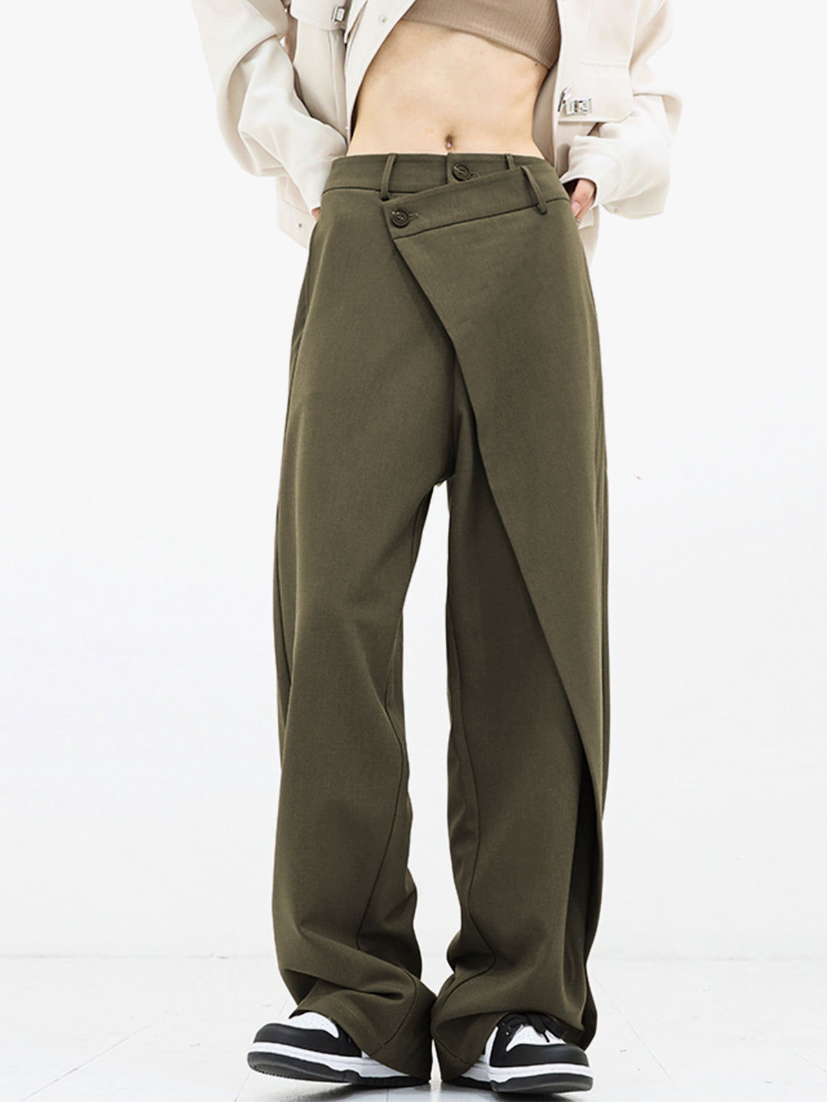 Asymmetrical Layer Button Wide Leg Dress Pants - Chic Rio
