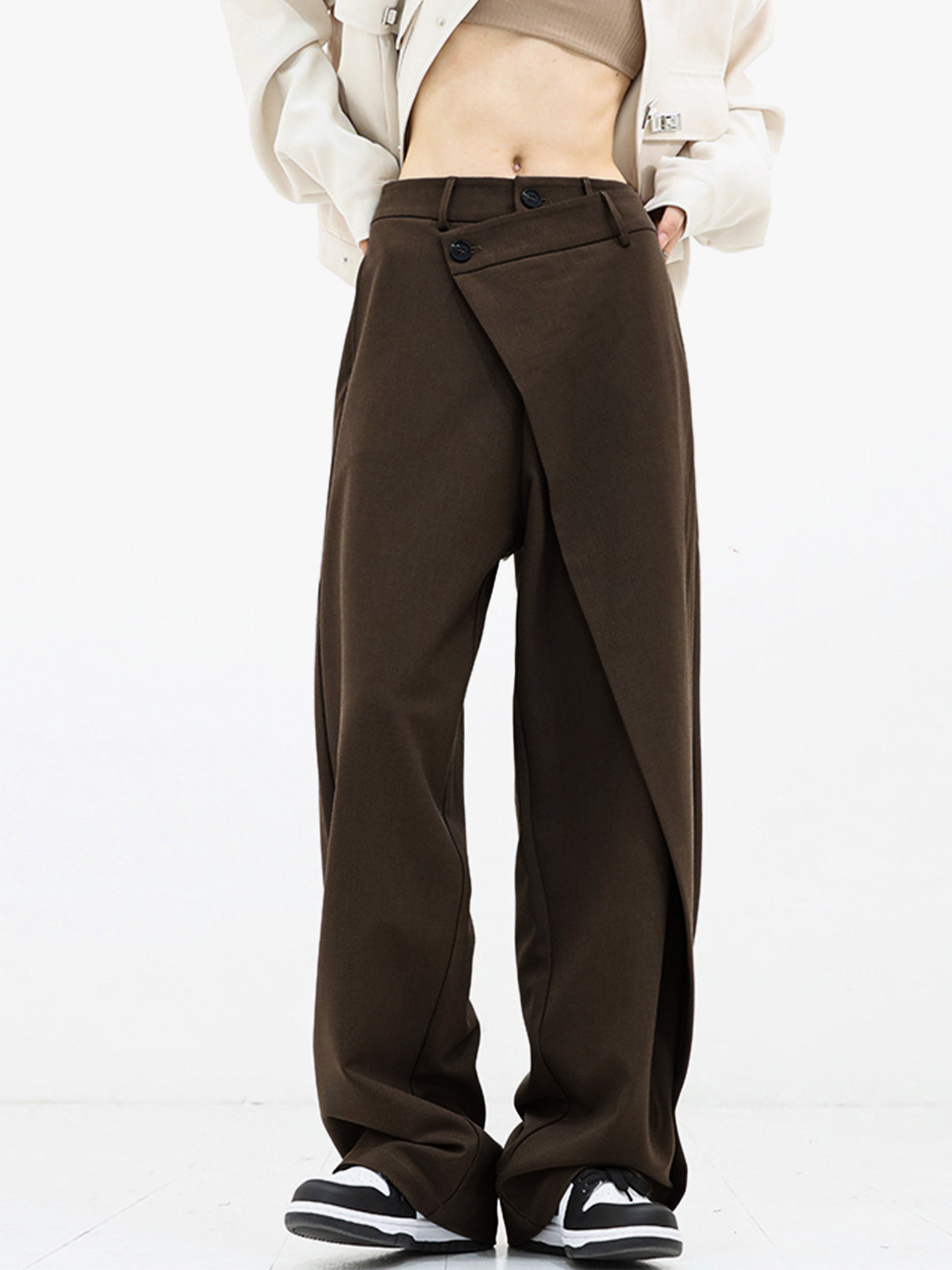 Asymmetrical Layer Button Wide Leg Dress Pants - Chic Rio