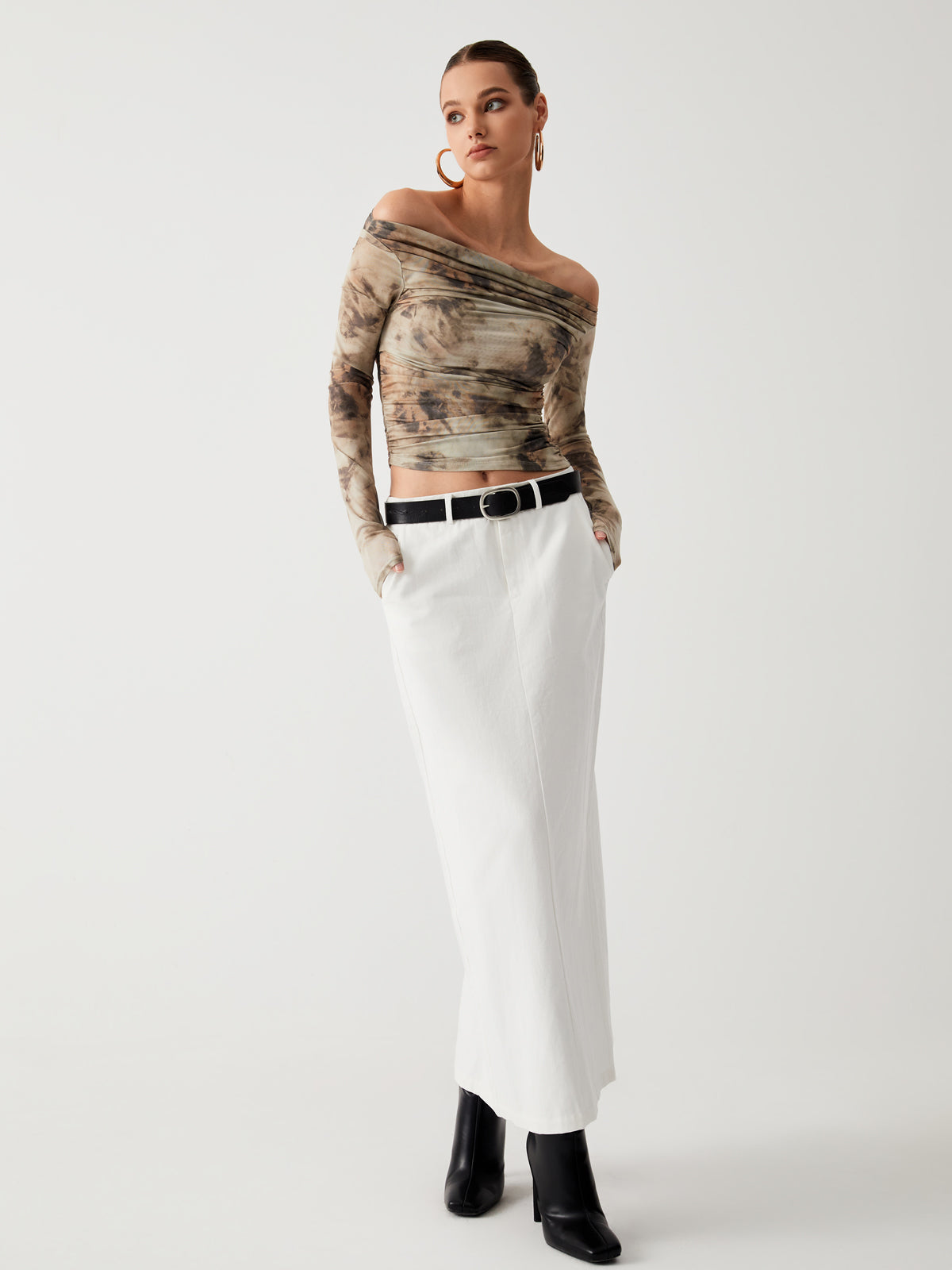 Semi-Sheer Tulle Mesh Off Shoulder Long Sleeve Crop Top - Chic Rio