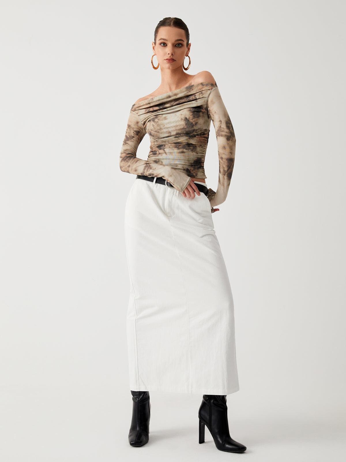 Semi-Sheer Tulle Mesh Off Shoulder Long Sleeve Crop Top - Chic Rio
