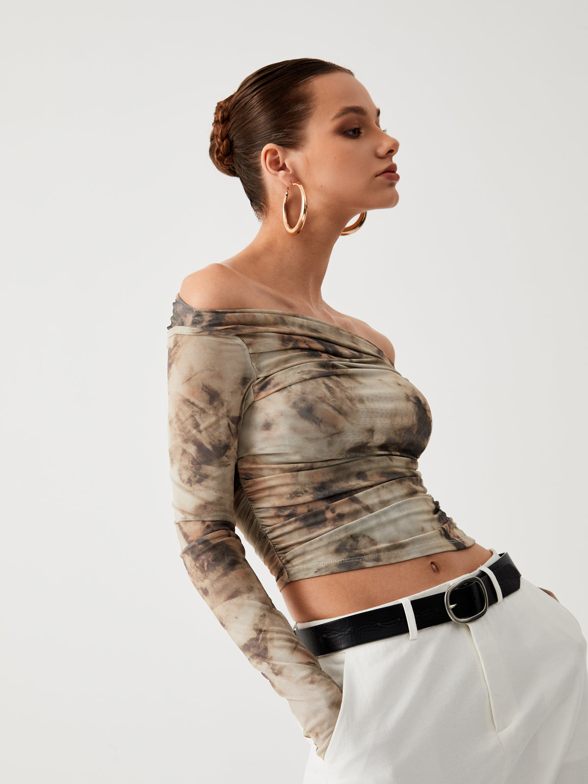 Semi-Sheer Tulle Mesh Off Shoulder Long Sleeve Crop Top - Chic Rio