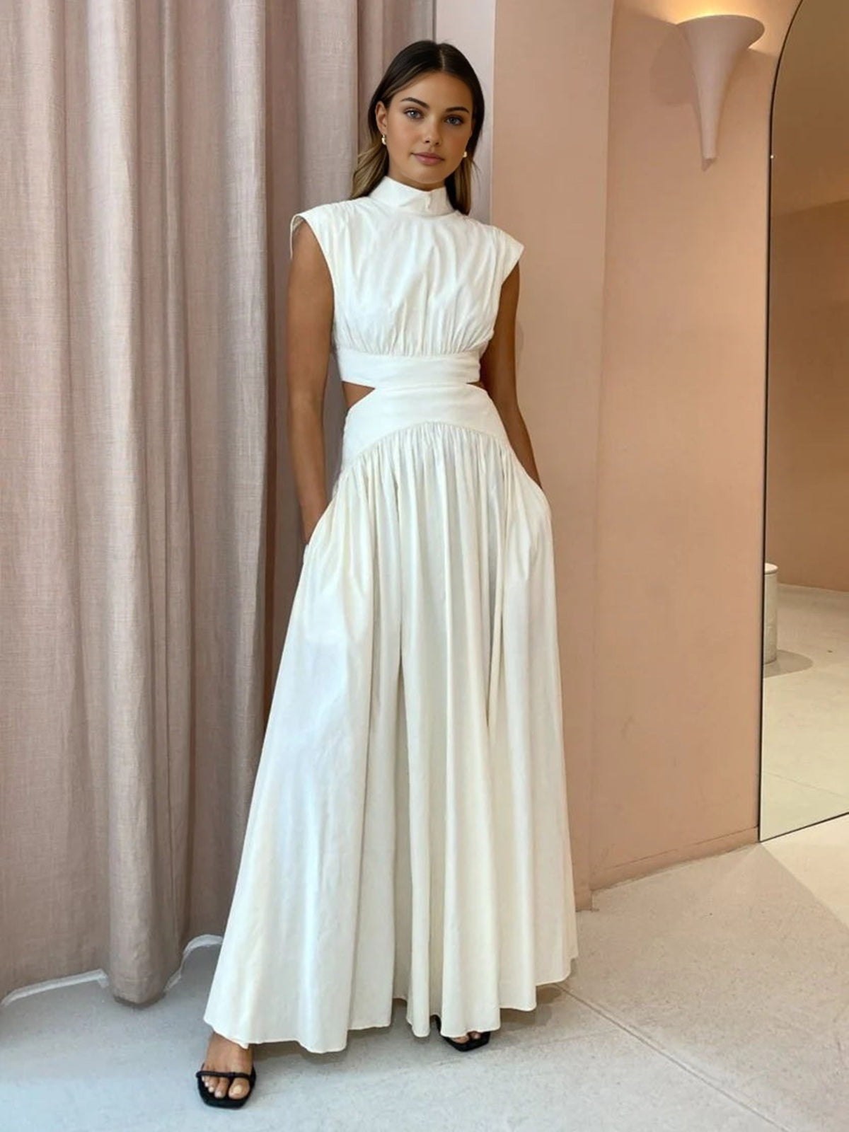Mock Neck Cut Out Long Dress - Chic Rio