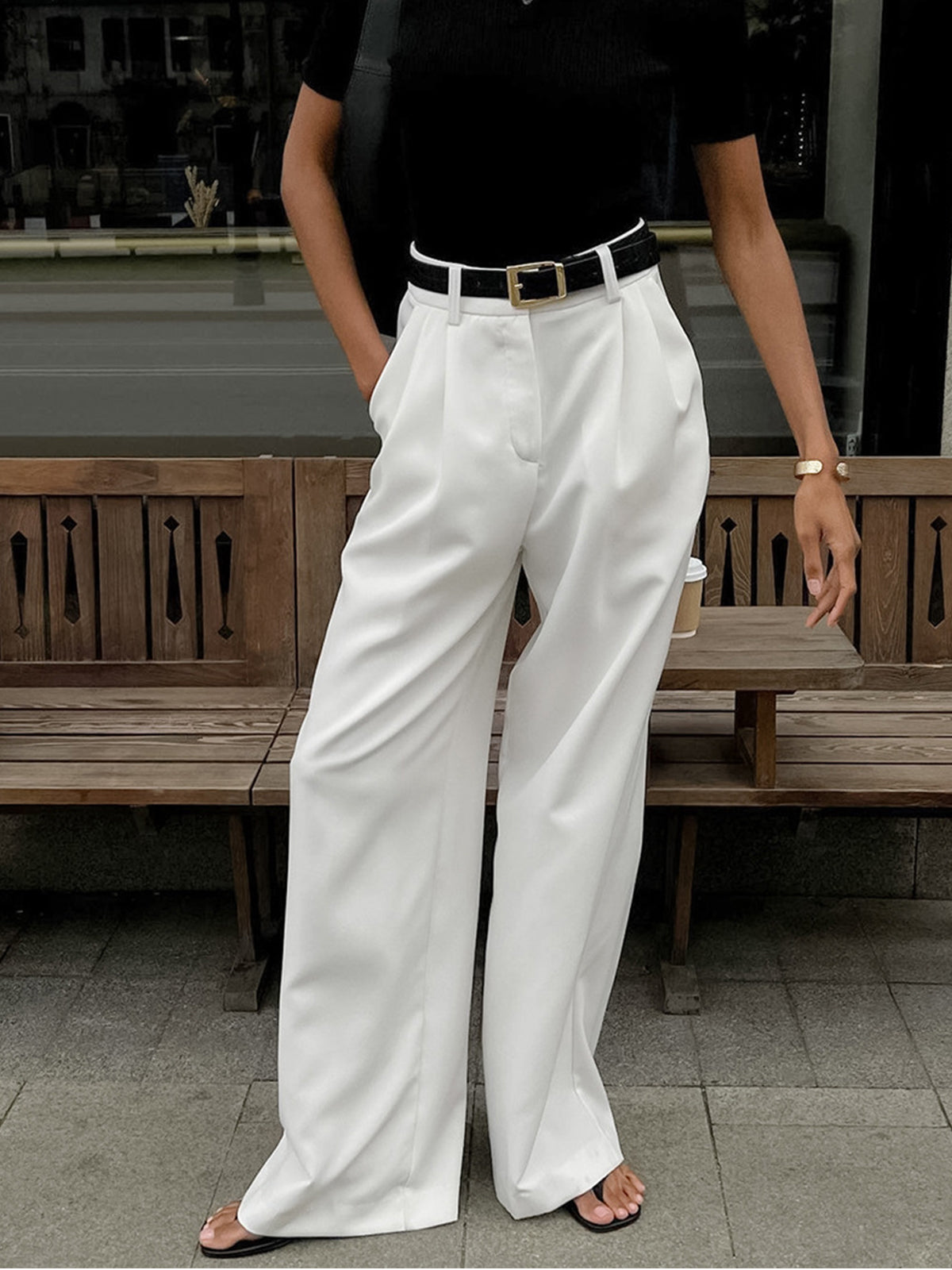 Solid Wide Leg Pants Without Belt - Chic Rio