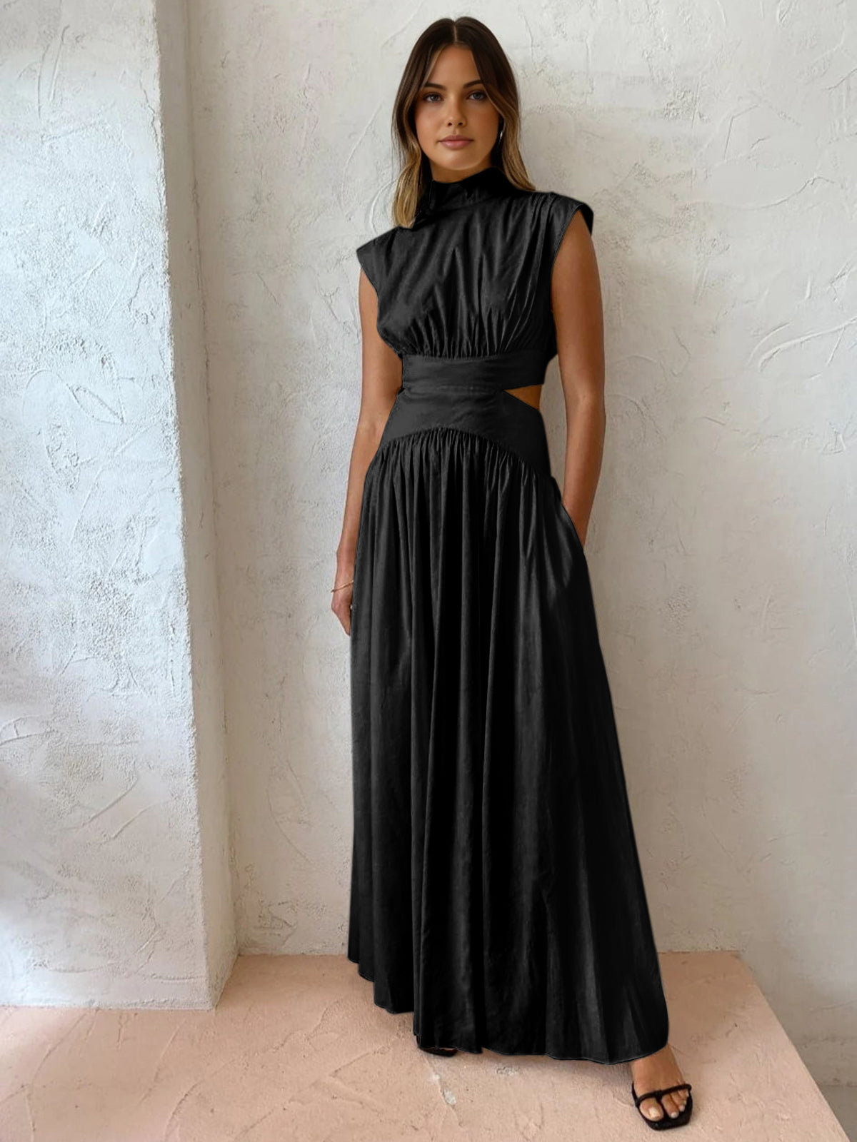 Mock Neck Cut Out Long Dress - Chic Rio