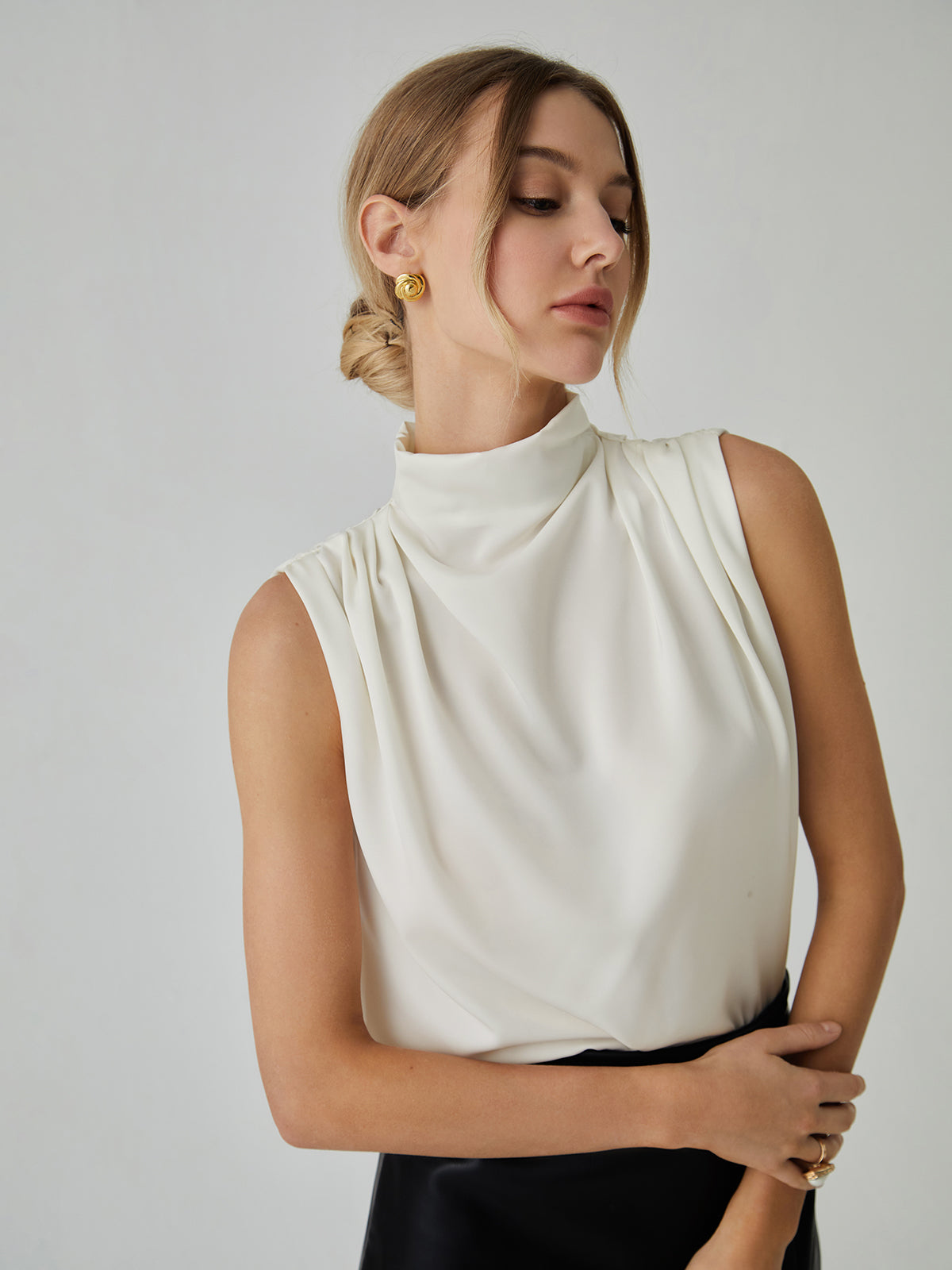 Pleated High Neck Sleeveless Blouse - Chic Rio
