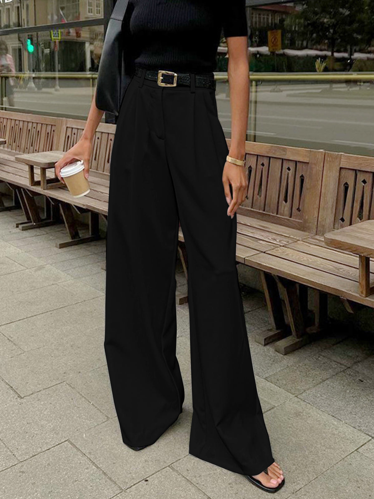 Solid Wide Leg Pants Without Belt - Chic Rio