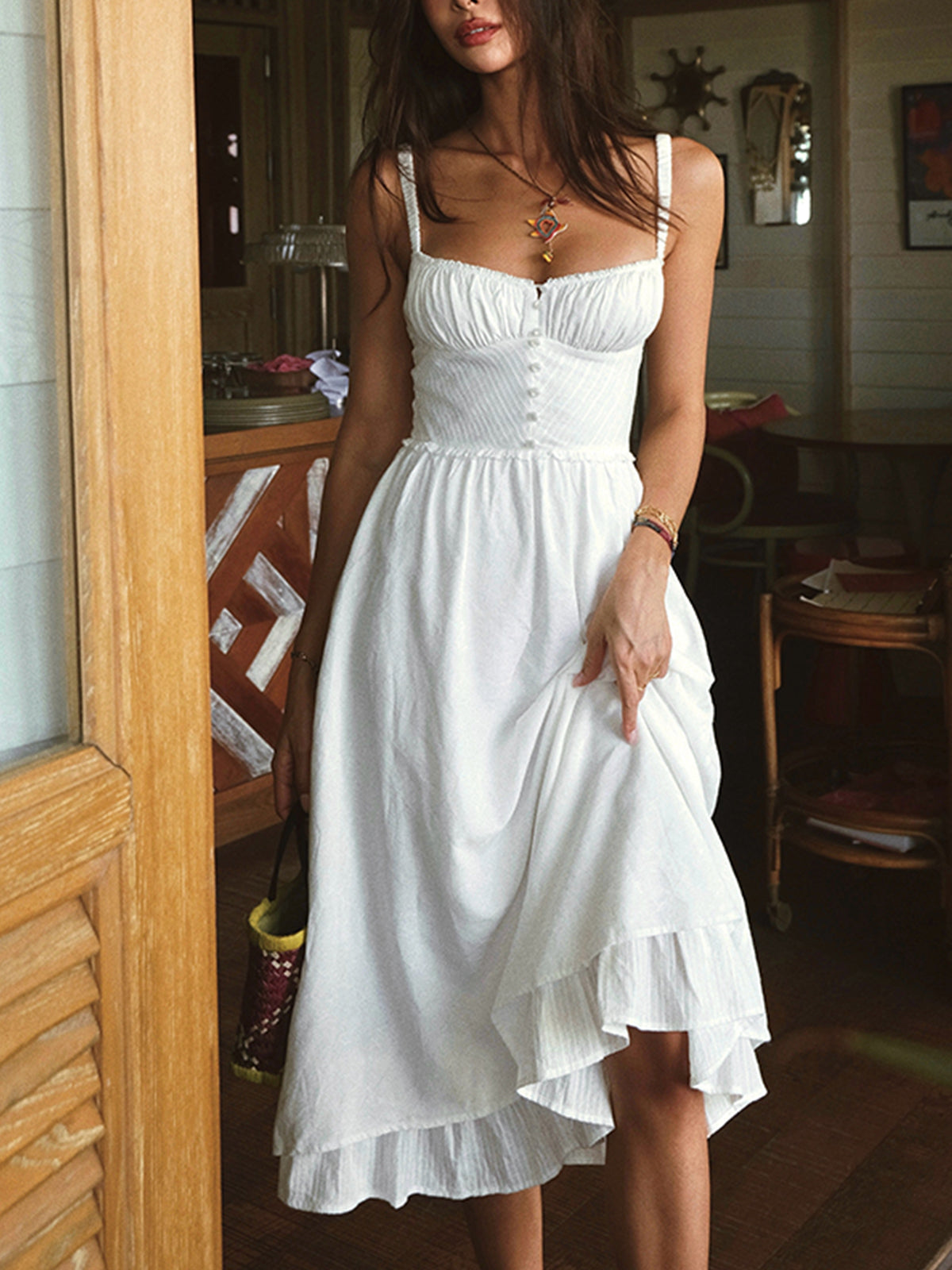 Ruffle Hem Cami Plain Midi Dress - Chic Rio