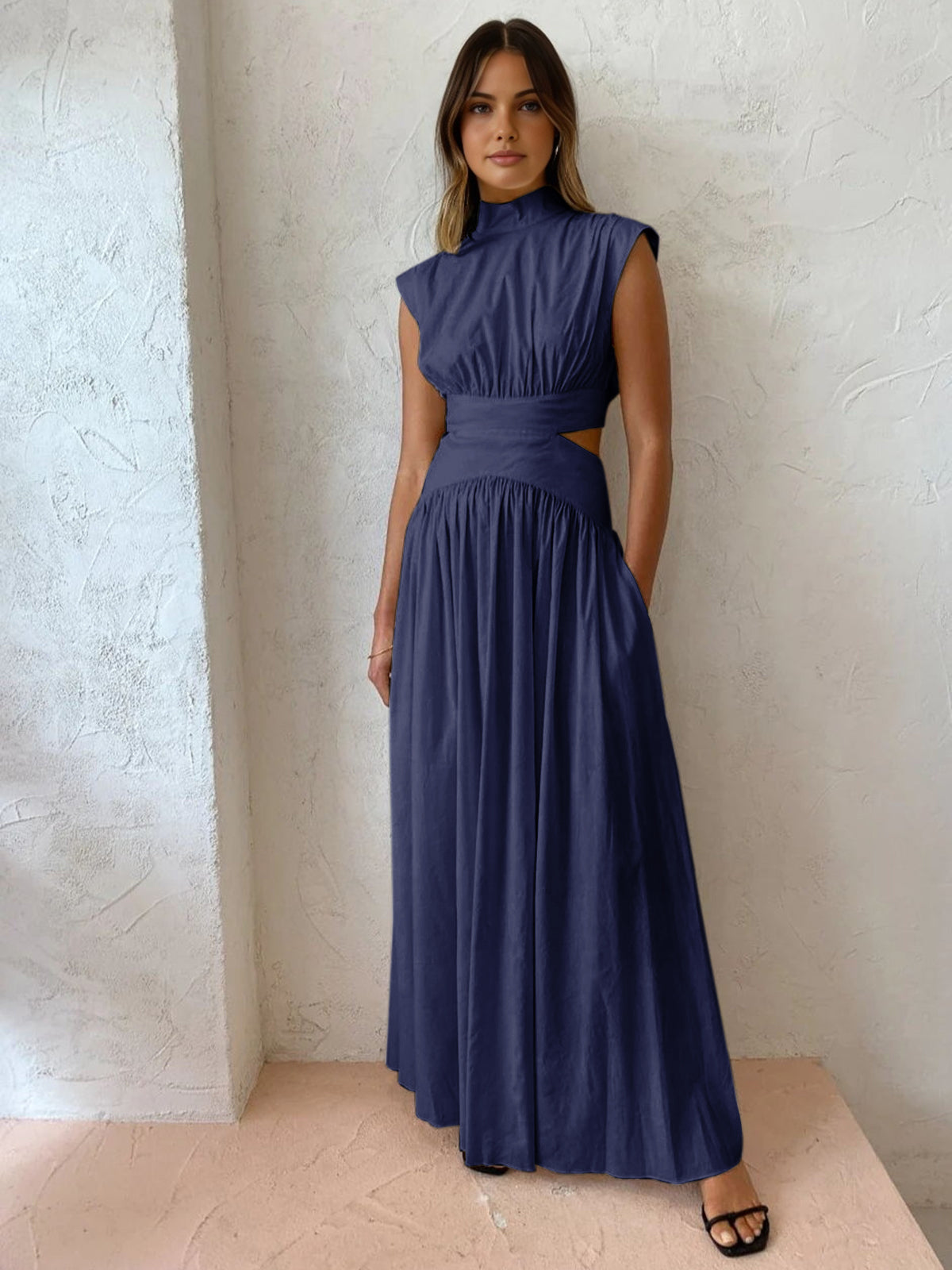 Mock Neck Cut Out Long Dress - Chic Rio