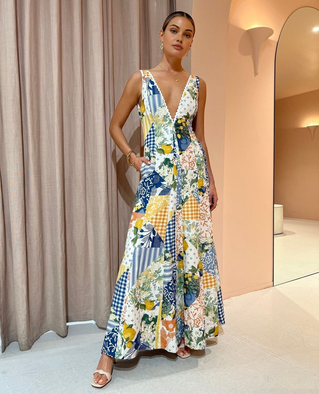 Lemonade Print Lace Trim Long Dress - Chic Rio