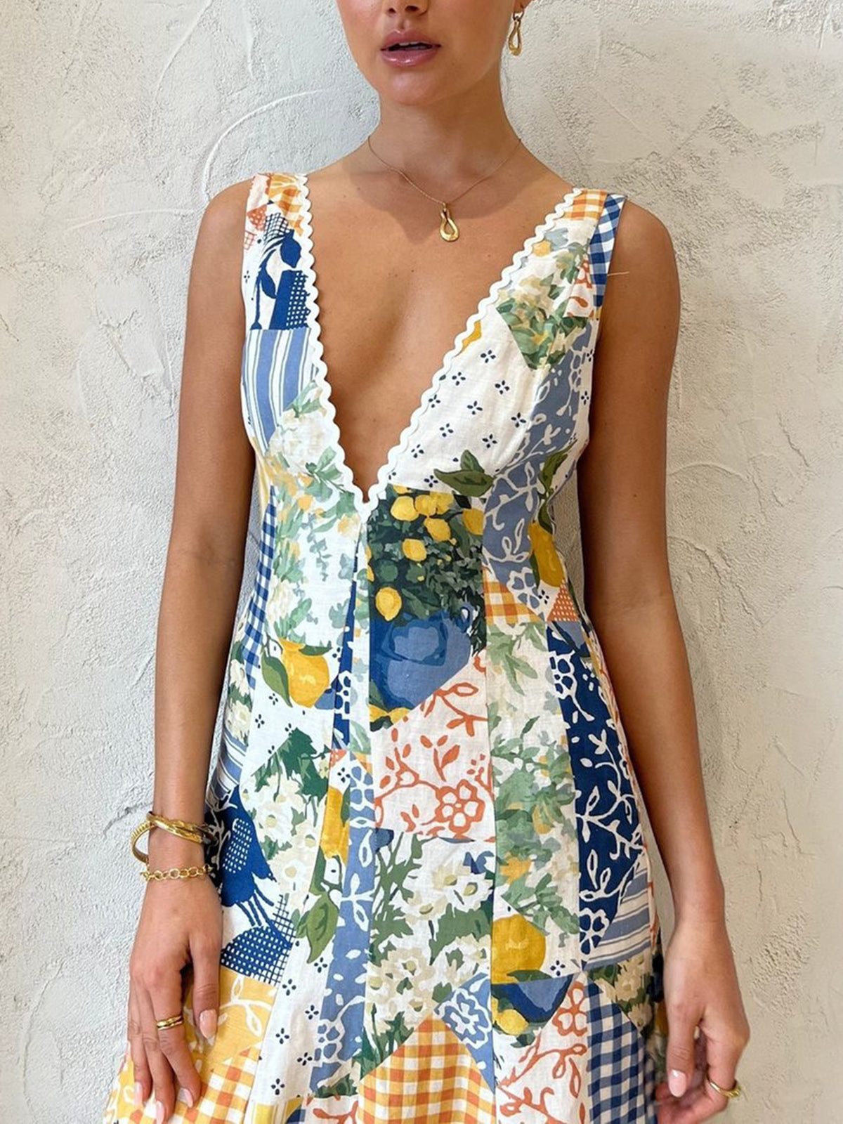 Lemonade Print Lace Trim Long Dress - Chic Rio
