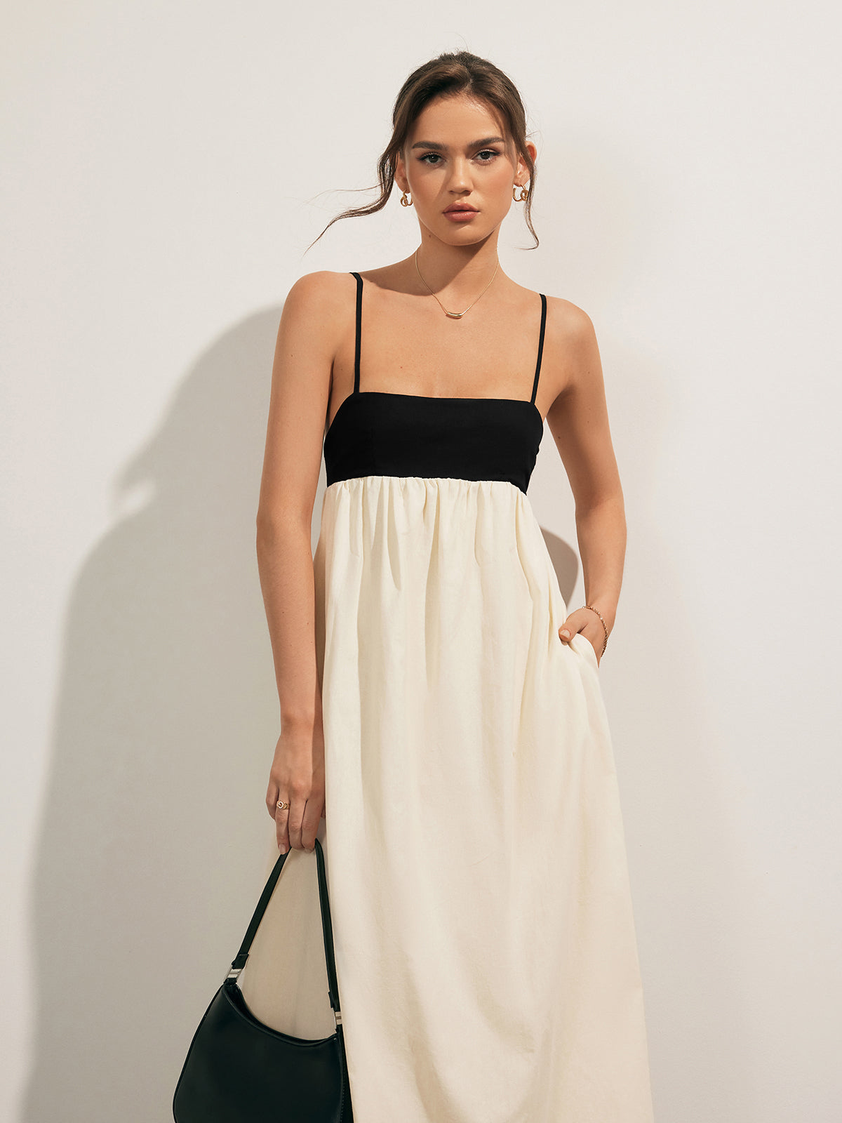 Open Back Contrast Pocket Long Dress - Chic Rio