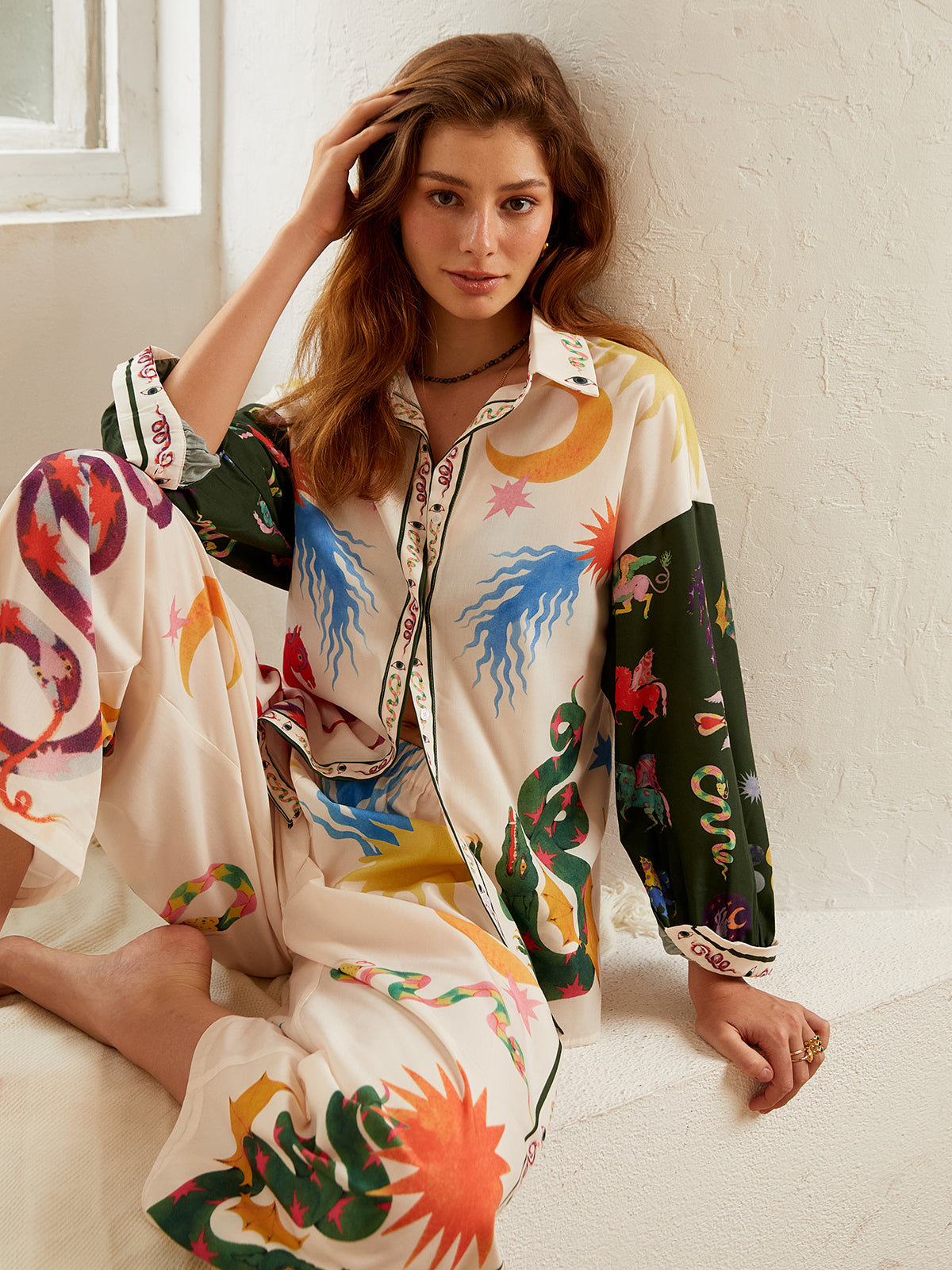 Boho Print Loose Shirt With Wide Leg Pants Set - Chic Rio