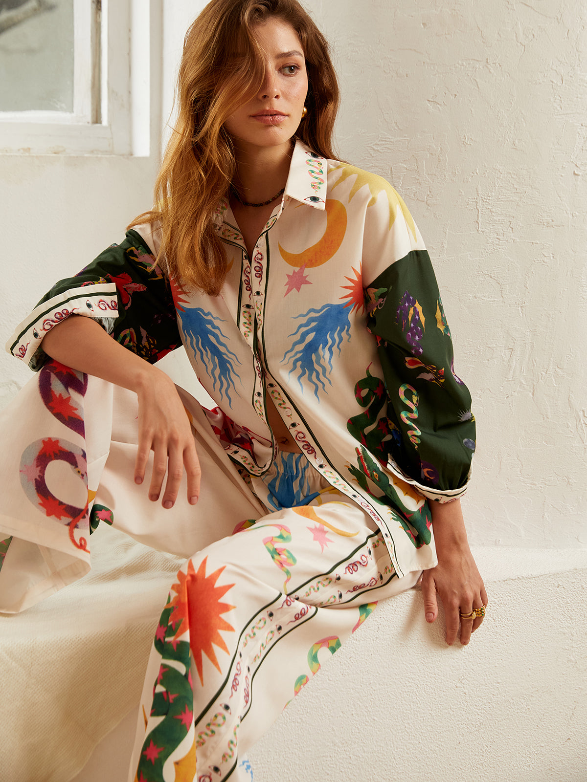 Boho Print Loose Shirt With Wide Leg Pants Set - Chic Rio