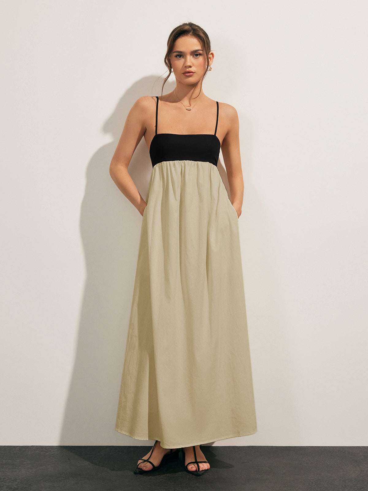 Open Back Contrast Pocket Long Dress - Chic Rio