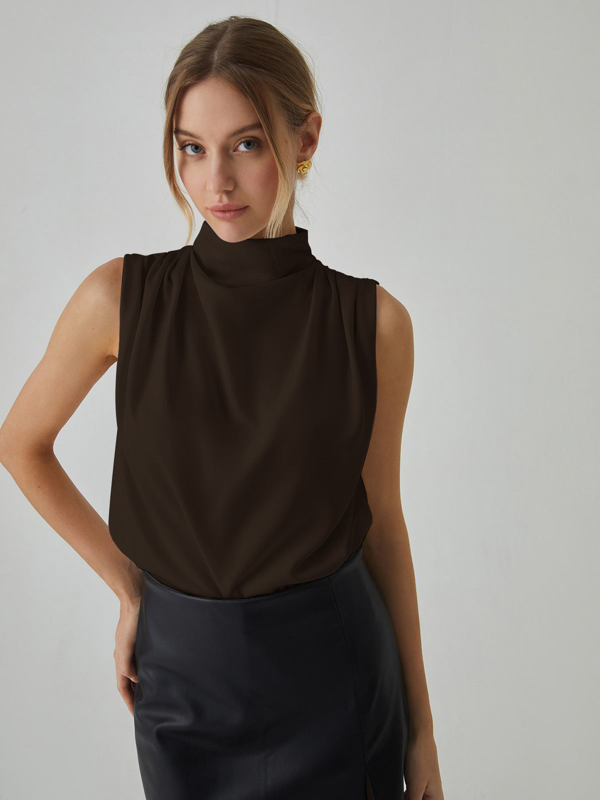 Pleated High Neck Sleeveless Blouse - Chic Rio