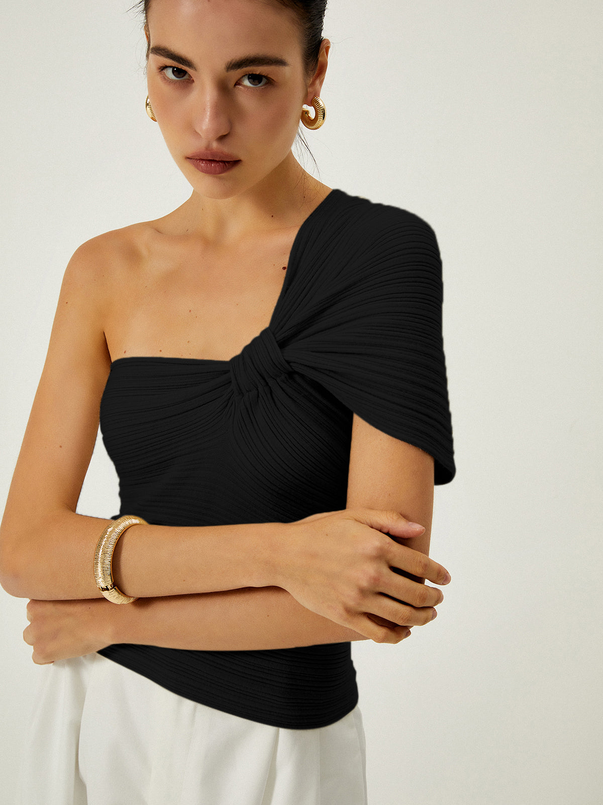 Asymmetrical One Shoulder Knotted Knit Top - Chic Rio