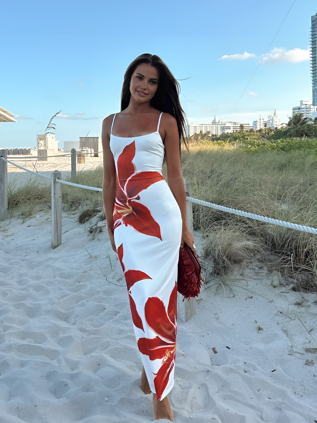 Floral Print Sleeveless Split Long Dress - Chic Rio