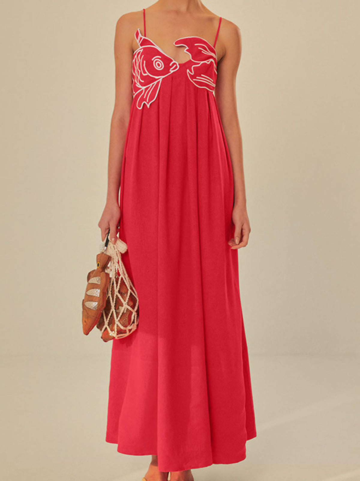 Embroidered fish semi-sheer cami dress - Red - S Embroidered fish semi-sheer cami dress - Red - S