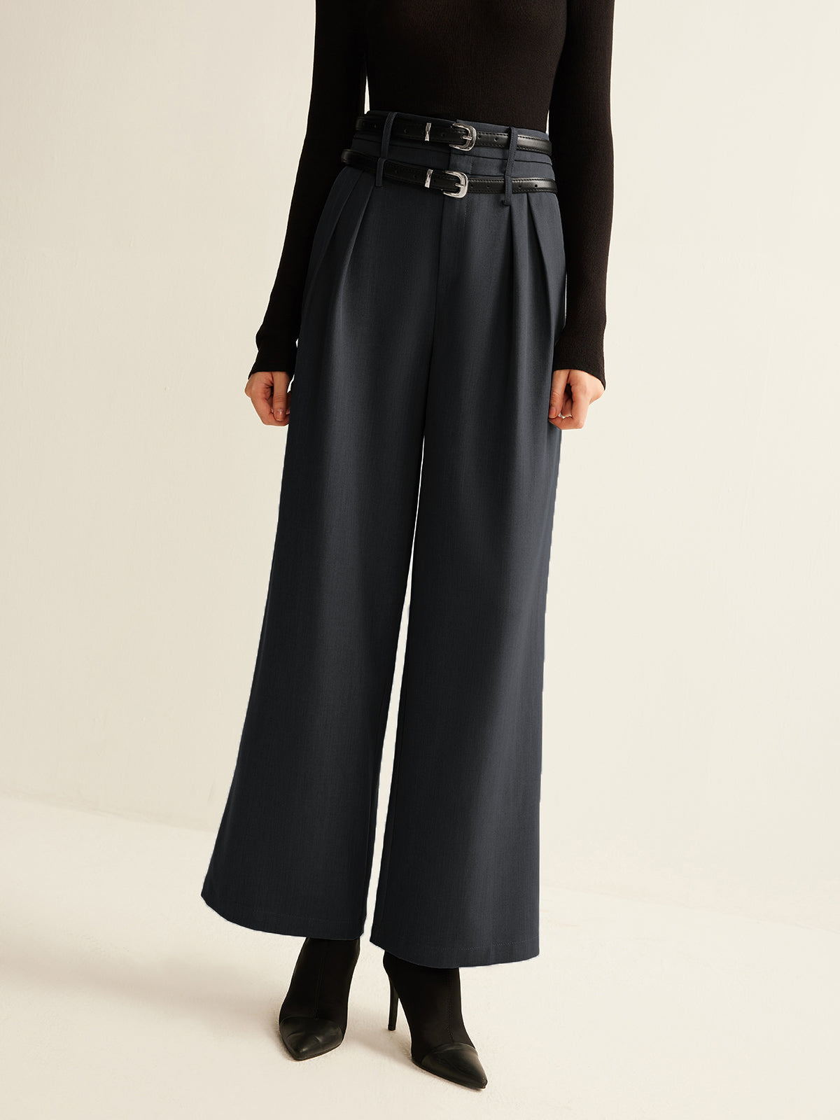 Double-Belt Pleated Straight Pants - Chic Rio