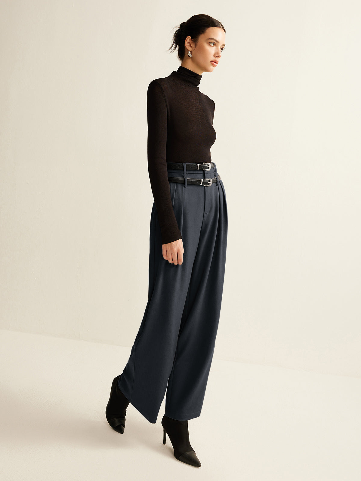 Double-Belt Pleated Straight Pants - Chic Rio