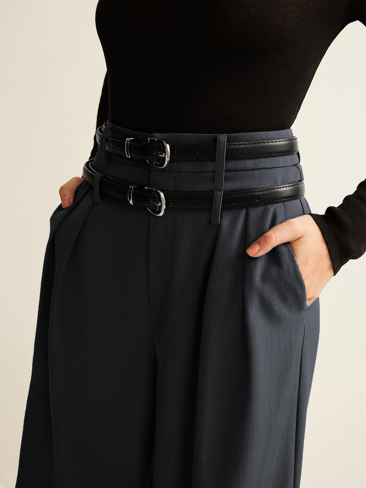 Double-Belt Pleated Straight Pants - Chic Rio