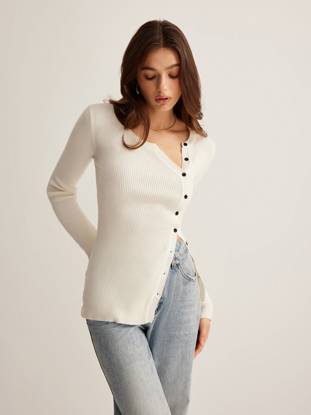 Plain Asymmetrical Breasted Sweater - Chic Rio