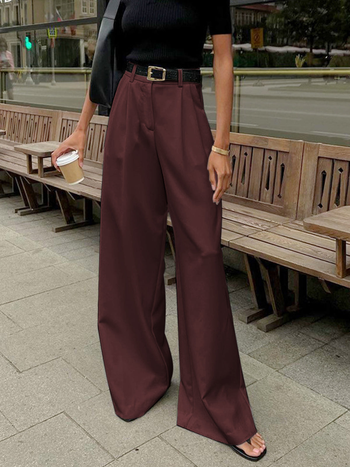 Solid Wide Leg Pants Without Belt - Chic Rio