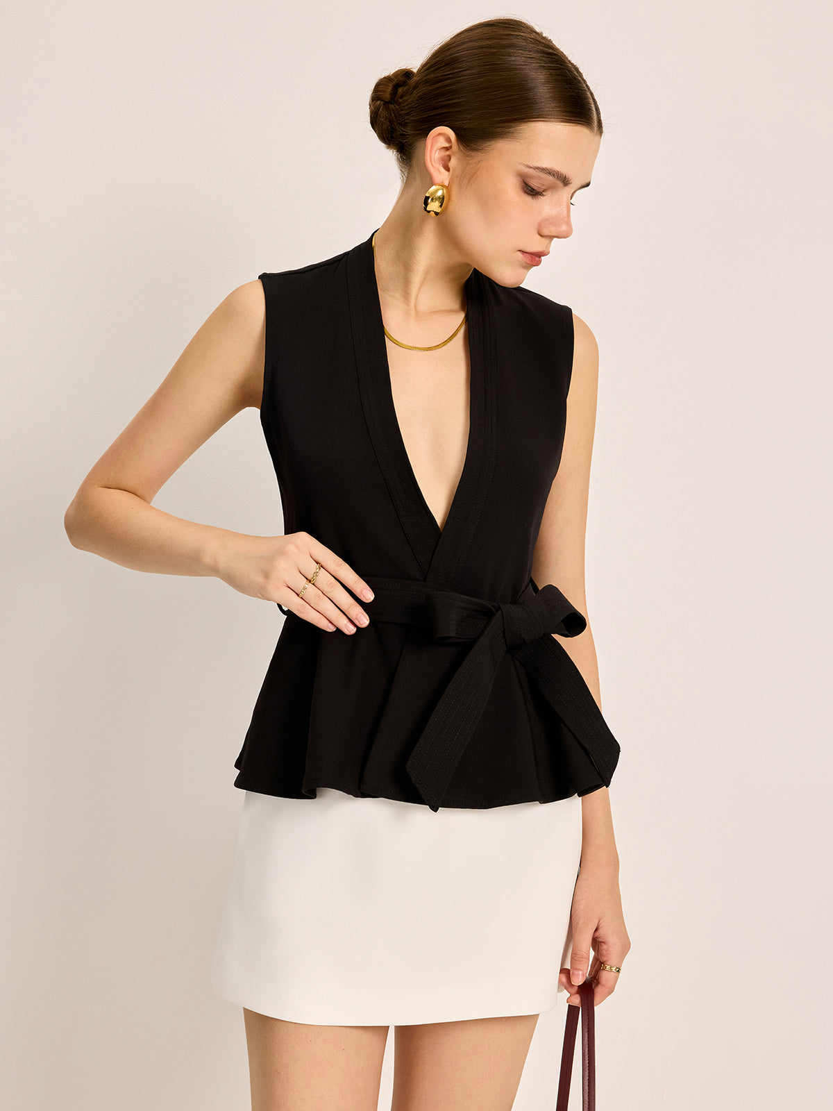 Belted V-Neck Sleeveless Top - Chic Rio