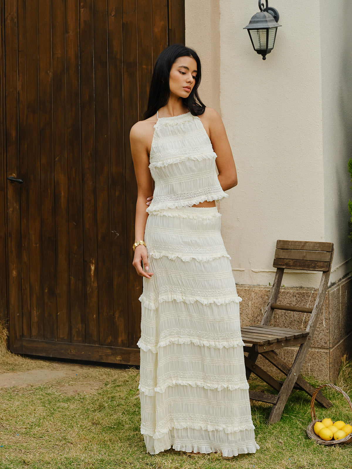 Smocked Halter Crop Top With Tiered Skirt Set - Chic Rio