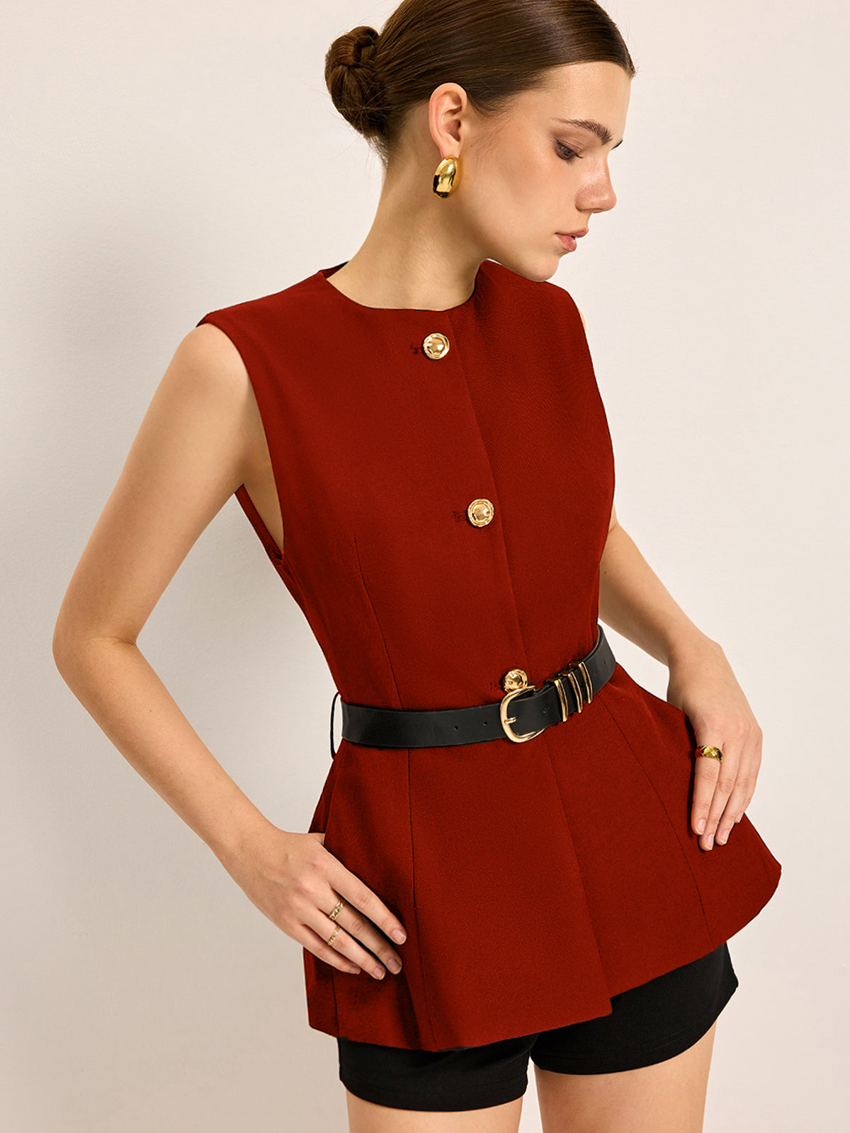 Button Detail Pockets Top With Belt - Chic Rio