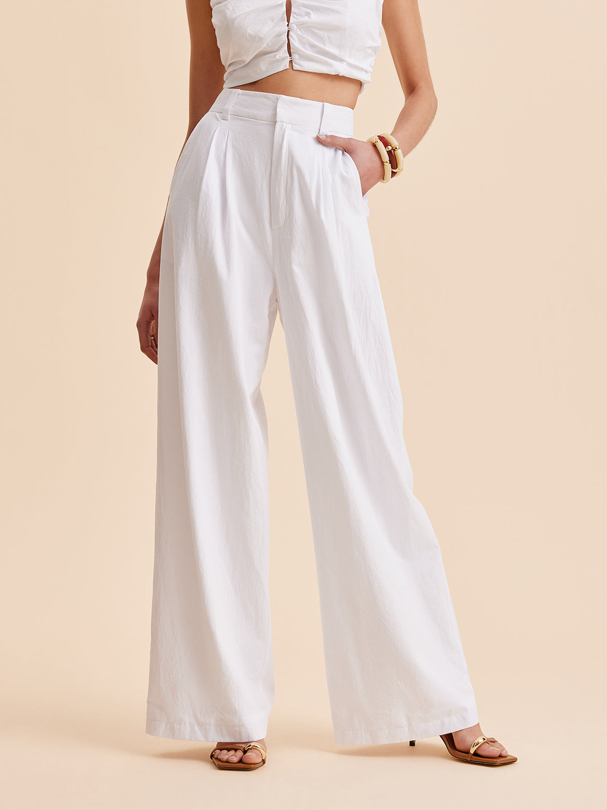 Cotton Mid-Waist Wide-Leg Pants With Pockets - Chic Rio