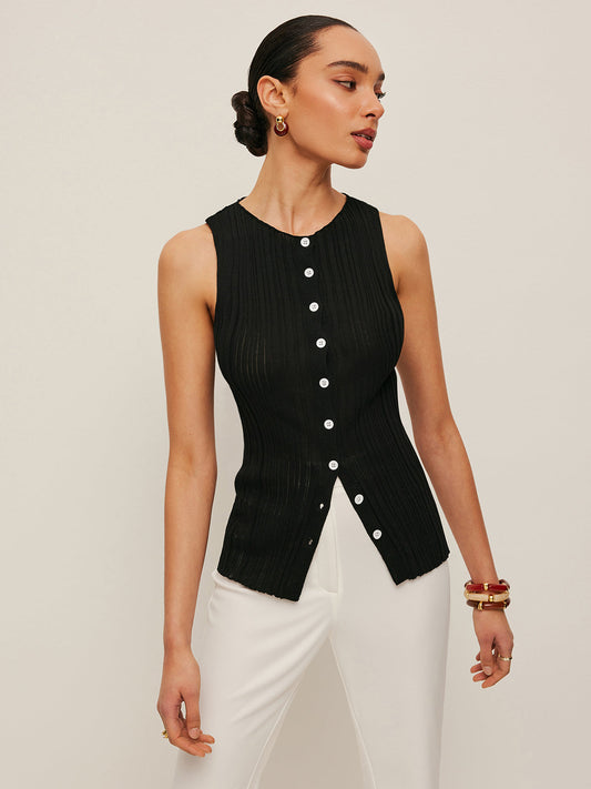 Sleeveless Ribbed Button-Front Top - Chic Rio