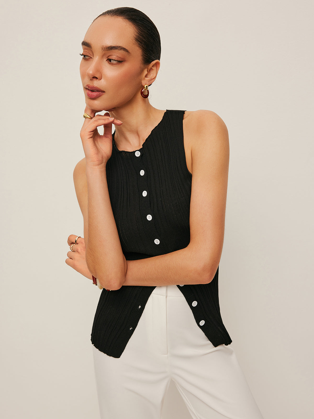 Sleeveless Ribbed Button-Front Top - Chic Rio