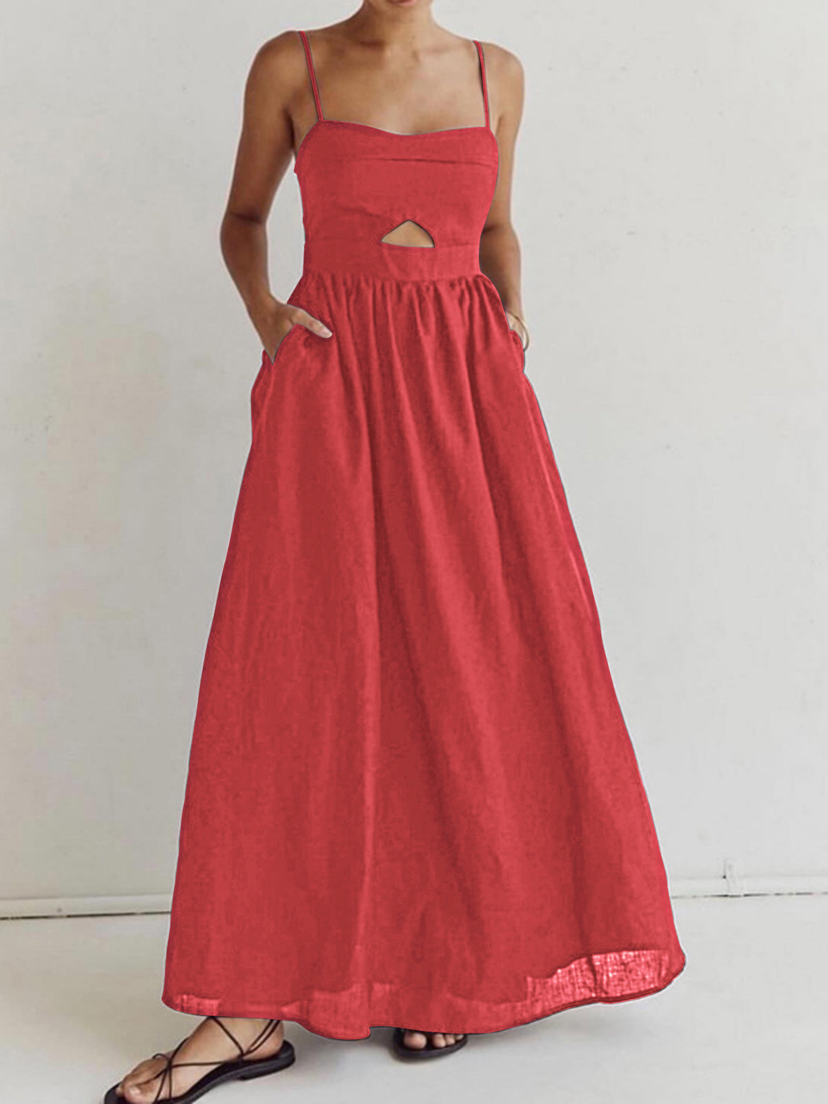 Cotton Sleeveless Pockets Cutout Long Dress - Chic Rio