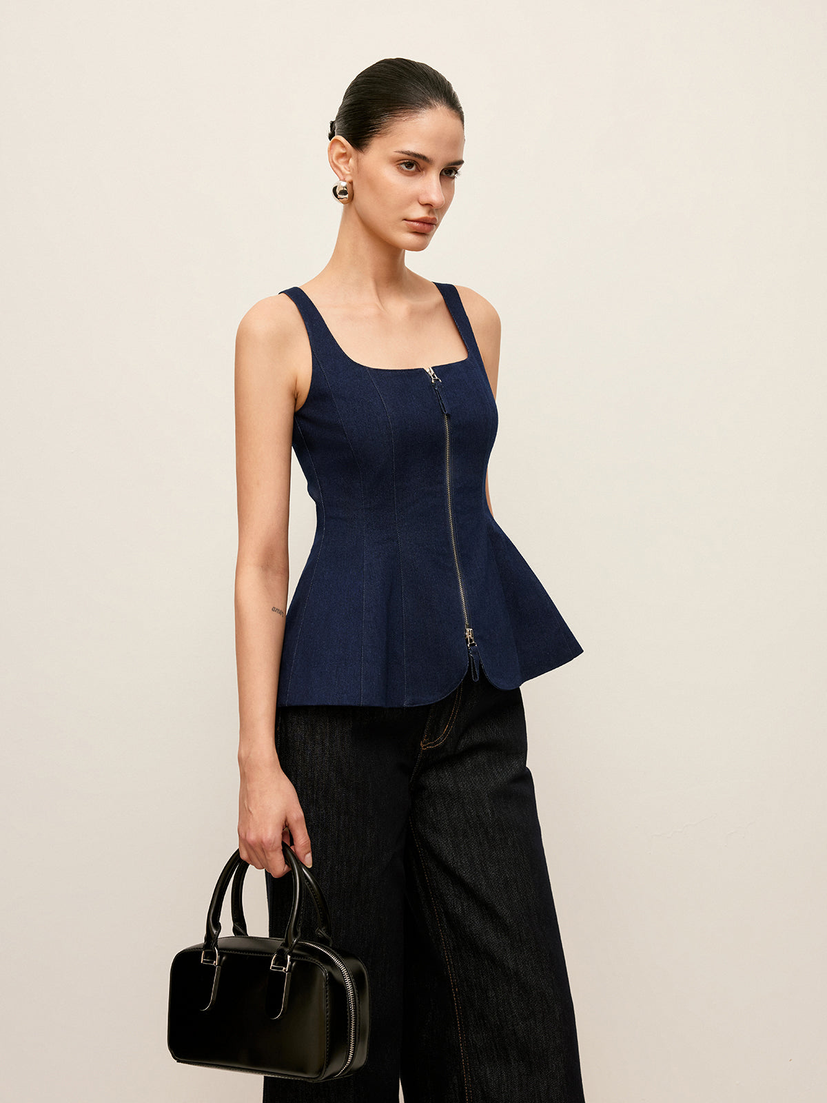 Zip-Front Denim Peplum Top - Chic Rio