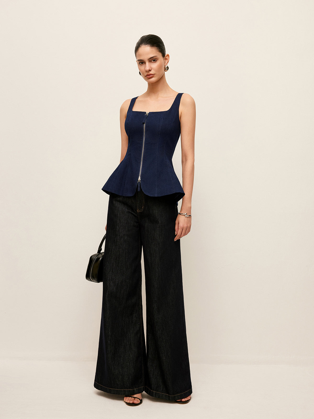 Zip-Front Denim Peplum Top - Chic Rio