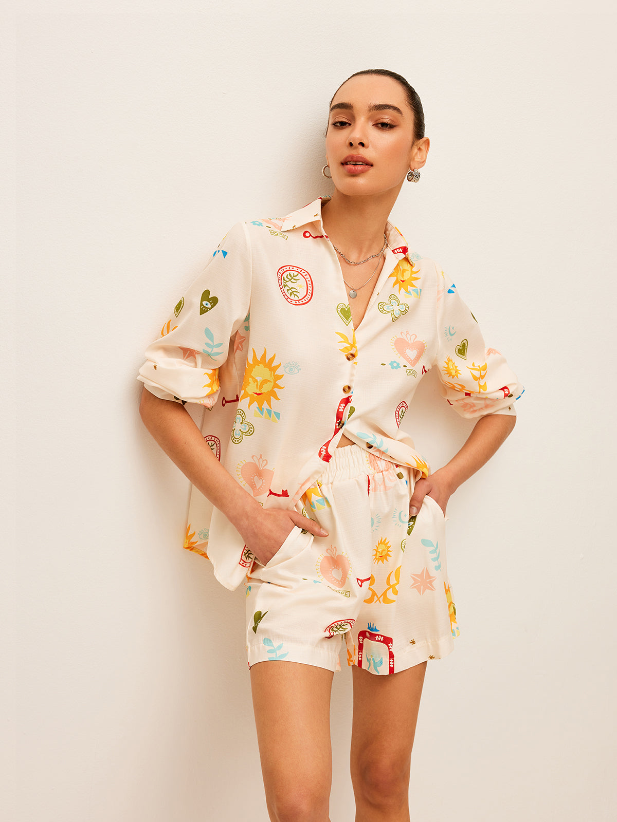 Pleated Pattern-Print Shorts Set - Chic Rio